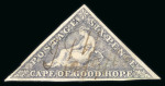 Stamp of South Africa » Cape of Good Hope 1855-63, lot of four triangular issues 6d slate lilac, 1d rose, 1d brownish red (2), showing various examples of the revenue cancellations