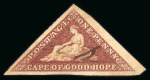 Stamp of South Africa » Cape of Good Hope 1855-63, lot of four triangular issues 6d slate lilac, 1d rose, 1d brownish red (2), showing various examples of the revenue cancellations