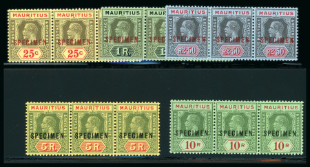 Stamp of Mauritius » Later Issues 1921-34 25c., 1r. 2r 50c., 5r. and 10r. each in a horizontal strip of three, overprinted "Specimen"