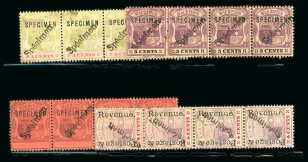 Stamp of Mauritius » 1900-05 Arms Issue (SG 138-155) 1902 3c, 5c and 6c, plus 1944 4c, in strips of four, overprinted "SPECIMEN" and Spanish "Spécimen"