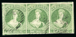 Stamp of New Zealand 1864 1s green, imperforate, watermark "NZ", horizontal strip of three