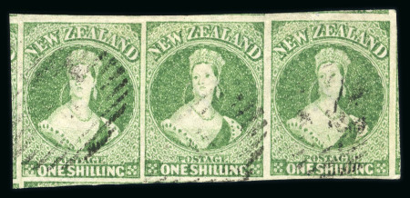 Stamp of New Zealand 1864 1s green, imperforate, watermark "NZ", horizontal strip of three