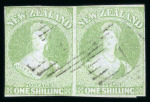 Stamp of New Zealand 1855 1s green on blue paper, imperforate, no watermark, pair