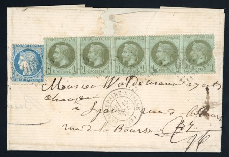 Stamp of France » Lettres Classiques 1871, Bande de 5 timbres Napoléon n°25 + 37 sur lettre