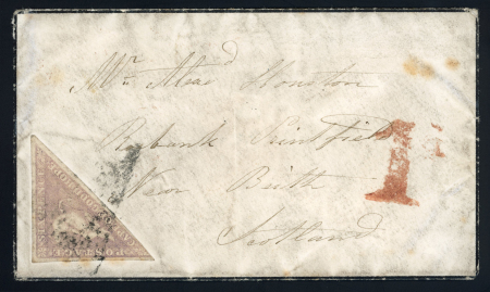 Stamp of South Africa » Cape of Good Hope 1858 cover franked Triangle 6d pale rose-lilac (SG7), near full margins