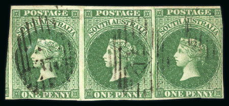 Stamp of Australia » South Australia 1855 1d dark green, imperforate, watermark large star, Perkins Bacon London printing, horizontal strip of three, used