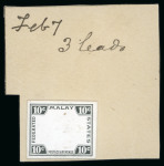 Stamp of Malaysia » Federated Malay States 1905 De La Rue 10c frame-only die proof in black on glazed card, stamp-size and affixed to striking book piece