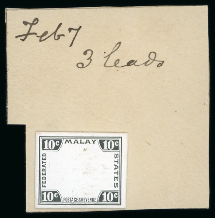 Stamp of Malaysia » Federated Malay States 1905 De La Rue 10c frame-only die proof in black on glazed card, stamp-size and affixed to striking book piece