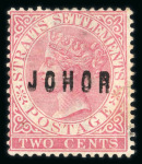 Stamp of Malaysia » Malaysian States » Johor 1884-91 2c rose overprints on a stock card