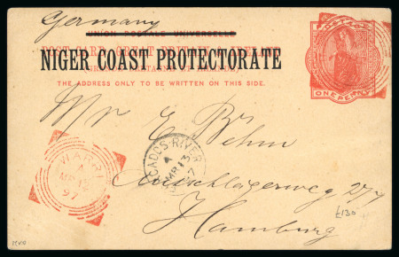 Stamp of Nigerias » Niger Coast Protectorate Warri: 1897 (Mar 12) 1d postal stationery card sent to Germany, cancelled by vivid red Warri squared circle ds
