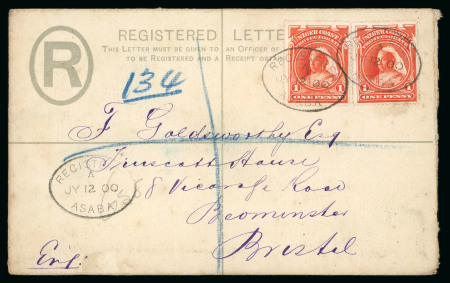 Stamp of Nigerias » Niger Coast Protectorate Used in Southern Nigeria - Asaba: 1900 (Jul 12) Niger Coast 2d registered envelope sent to England with two 1897-98 1d vermilions