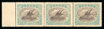 Stamp of Papua 1929-1930, "AIR MAIL" overprint on Lakatoi 3d black and blue-green, Ash printing, left marginal horizontal strip of three, with overprints omitted from front,
