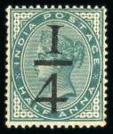 Stamp of India » 1855-1946 De La Rue and later Crown Colony Issues 1898, 1/4 surcharge on 1/2a blue-green, two different essays of the surcharge