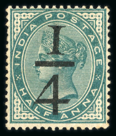 Stamp of India » 1855-1946 De La Rue and later Crown Colony Issues 1898, 1/4 surcharge on 1/2a blue-green, two different essays of the surcharge