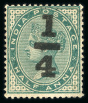 Stamp of India » 1855-1946 De La Rue and later Crown Colony Issues 1898, 1/4 surcharge on 1/2a blue-green, two different essays of the surcharge
