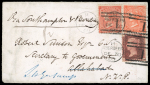 Stamp of Great Britain » 1855-1900 Surface Printed » 1862-64 Small Uncoloured Corner Letters 1869 (Dec 30) envelope from Scotland to India with 1862-64 small corner letters 4d bright red, 1865-67 large uncoloured corner letters 4d vermilion pl.11