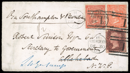 Stamp of Great Britain » 1855-1900 Surface Printed » 1862-64 Small Uncoloured Corner Letters 1869 (Dec 30) envelope from Scotland to India with 1862-64 small corner letters 4d bright red, 1865-67 large uncoloured corner letters 4d vermilion pl.11