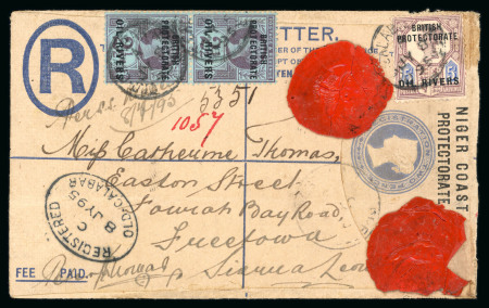 Stamp of Nigerias » Niger Coast Protectorate Old Calabar River: 1895 (Jul 8) 2d registered envelope (size F) sent to Sierra Leon, uprated