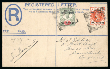 Stamp of Nigerias » Niger Coast Protectorate Opobo: 1895 (Aug 16) 2d registered envelope (size F) sent to England, uprated with 1892-94 1/2d and 2d