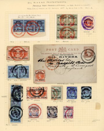 Stamp of Nigerias » Niger Coast Protectorate Collection: Cancellation collection on an old album page with various rubber cancels on the 1892-94 issue