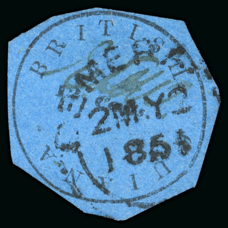 Stamp of British Guiana 1850-51, 12 cents black on blue, Townsend Type A, used, cut round in a nonagon