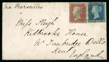 Stamp of Great Britain » 1841 2d Blue 1855 cover franked 1855 1d red-brown perf. used in combination with 1841 2d blue pl.4 cancelled by bold strike of the "OXO" obliterator in greenish-blue