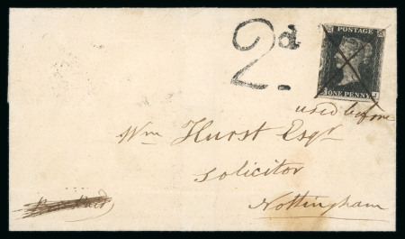 Stamp of Great Britain » 1840 1d Black and 1d Red plates 1a to 11 1842 (Feb 23) cover from Leeds to Nottingham with extremely rare fraudulently re-used 1840 1d black