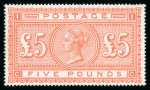 Stamp of Great Britain » 1855-1900 Surface Printed » 1867-83 High Values 1867-83 £5 orange CC on white paper mint o.g.