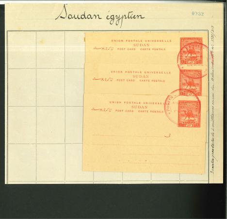 Stamp of Sudan Postal Stationery: 1910 4m red, three examples overlapping one another on Madagascar archive page