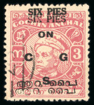 Stamp of Indian States » Cochin Officials: 1949 6a on 3p carmine with double surcharge variety, used