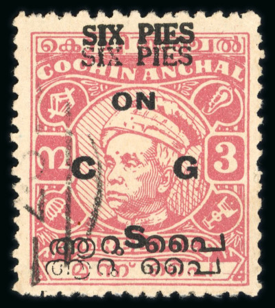 Stamp of Indian States » Cochin Officials: 1949 6a on 3p carmine with double surcharge variety, used