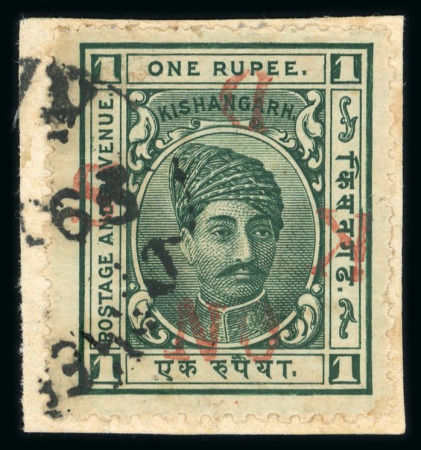 Stamp of Indian States » Kishengarh Officials: 1917-18 1r green with inverted overprint used, tied to small piece