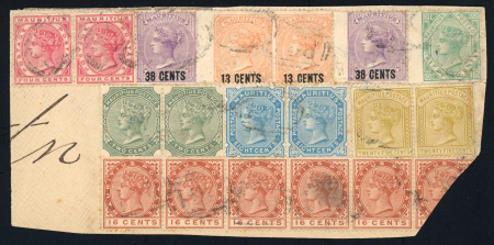 Stamp of Seychelles 1860-90, Used collection of Mauritius used in Seychelles on album pages, incl. a spectacular piece with 18 stamps