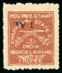 Stamp of Indian States » Charkhari 1939-40 1a on 1r chestnut showing variety surcharge inverted, mint
