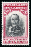 Stamp of Falkland Islands Forged Cancels: Group of stamps with mostly Madame Joseph forgery cancels, incl. 1933 Tercentenary 1 1/2d, 2d, 4d, 6d, 2s6d and £1