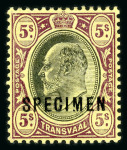Stamp of South Africa » Transvaal » 1905-09 Watermark Multiple Crown CA Monocolours » Issued Stamps 1/-, (2), 5/-, £1 and £5 each overprinted "SPECIMEN"