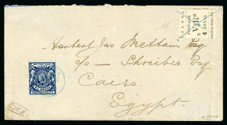 Stamp of Uganda 1898 envelope from "C.W.H" initialled at lower left, sent to Egypt with 1896 typeset 4a in combination with BEA 1896-1901 2 1/2a blue