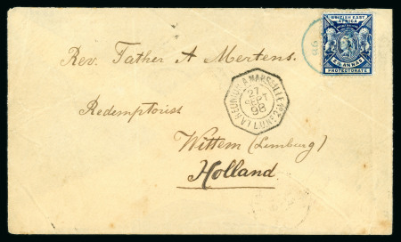 Stamp of Uganda 1898 Envelope from Mombasa to Rev. Father A. Mertens in Holland, franked on the reverse with 4a in combination with BEA 1896-1901 2 1/2a blue tied by blue thimble Mombasa cds