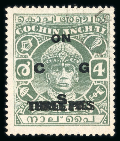 Stamp of Indian States » Cochin Officials: 1942-43 Surcharged 3p on 4p green perf.13x13.5 with surcharge double variety, used