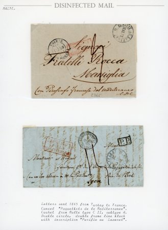 Stamp of Thematics » Disinfected Mail 1833-45 Disinfected Mail : small group on 6 exhibition pages with disinfected mail (10) of Spain, Malta, Greece & Syria