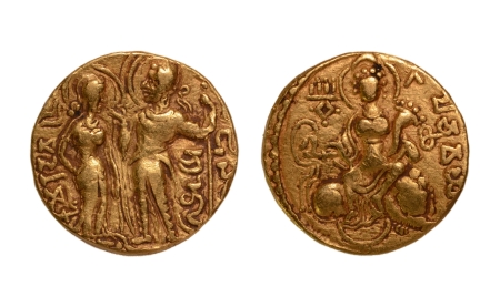 Stamp of Coins » Gupta Gupta Empire, Chandragupta I, c. 319-335, king and queen, AV dinar, 7.69 g.