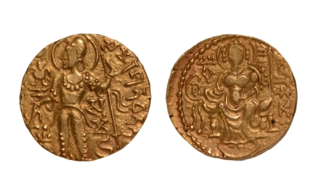 Stamp of Coins » Gupta Gupta Empire, Samudragupta, c. 335-375, javelin, AV dinar, 7.71 g.