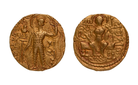 Stamp of Coins » Gupta Gupta Empire, Samudragupta, c. 335-375, archer, AV dinar, 7.69 g.