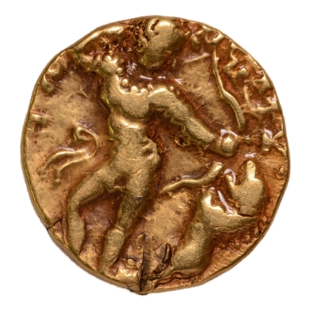 Gupta Empire, Kumaragupta, c. 415-455, lion slayer, AV dinar, 7.97 g.
