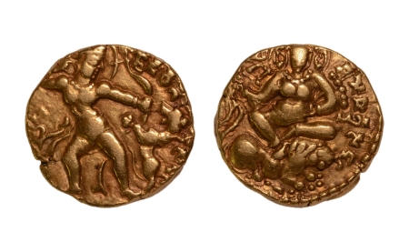 Stamp of Coins » Gupta Gupta Empire, Kumaragupta, c. 415-455, lion slayer, AV dinar, 8.14 g.
