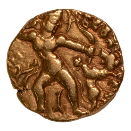 Gupta Empire, Kumaragupta, c. 415-455, lion slayer, AV dinar, 8.14 g.