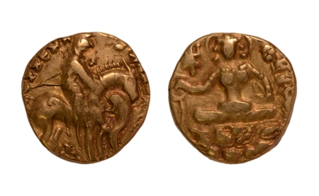 Stamp of Coins » Gupta Gupta Empire, Prakashaditya, c. 490-515, horseman slaying lion, AV dinar, 9.22 g.