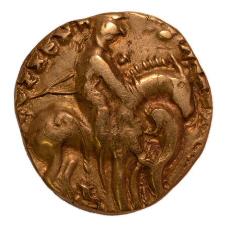 Gupta Empire, Prakashaditya, c. 490-515, horseman slaying lion, AV dinar, 9.22 g.