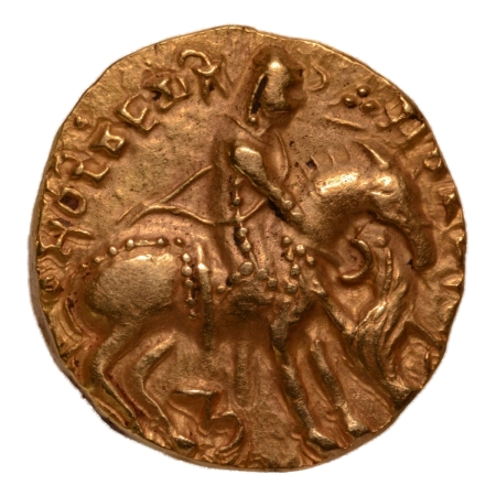 Gupta Empire, Prakashaditya, c. 490-515, horseman slaying lion, AV dinar, 9.39 g.
