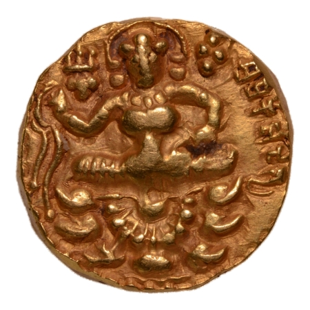 Gupta Empire, Prakashaditya, c. 490-515, horseman slaying lion, AV dinar, 9.39 g.